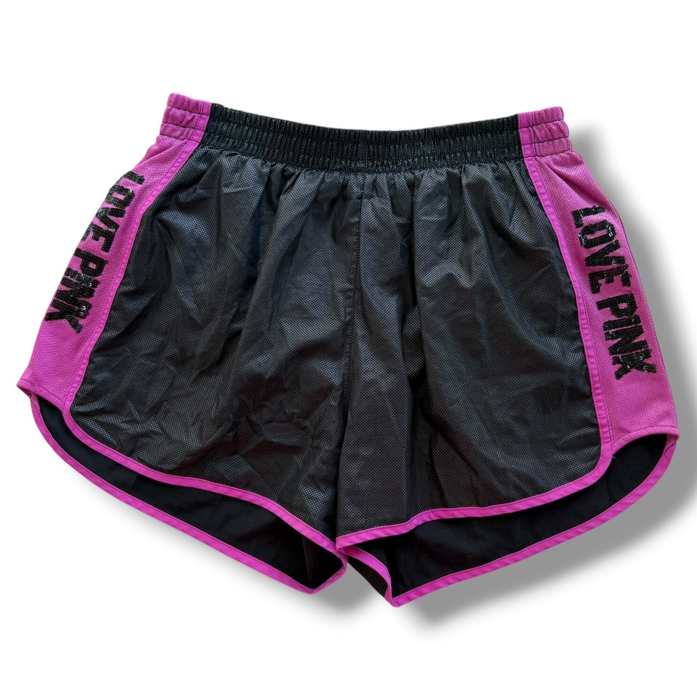 PINK Victoria's Secret Womens S Metallic Black Magenta Sequins Mesh Lined Shorts